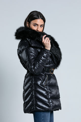 Long ISLANDER down jacket with long sleeves and large faux fur collar. more Belt