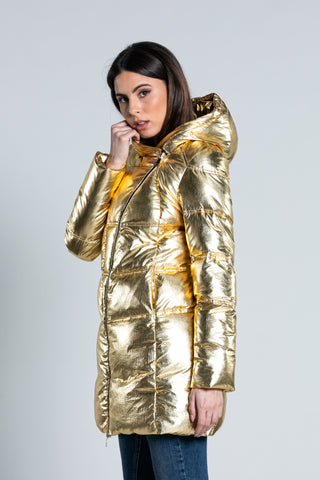 ESSA long-sleeved down jacket with hood and metallic effect transversal zip