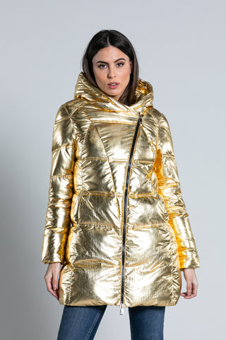 ESSA long-sleeved down jacket with hood and metallic effect transversal zip