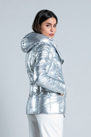 YLET long-sleeved down jacket with transverse zip and metallic effect hood