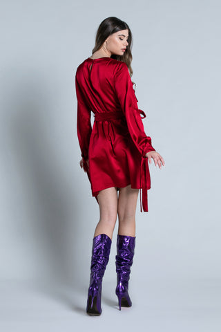 GEMA short long sleeve dress with drop back sash plus ruffles and belt