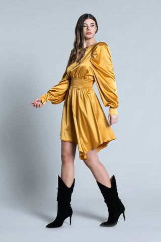 WIN short dress with long sleeves, balloon neckline with drop and buckle with smocked waist