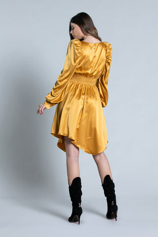 WIN short dress with long sleeves, balloon neckline with drop and buckle with smocked waist
