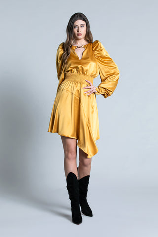 WIN short dress with long sleeves, balloon neckline with drop and buckle with smocked waist