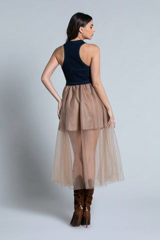 CELIU_BIS midi dress with sleeveless denim vest and tulle skirt