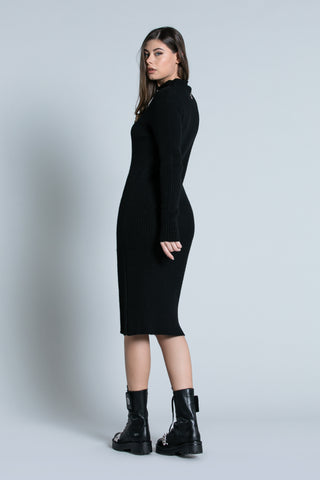 SEQUO long sleeve midi dress with volcano neck slit