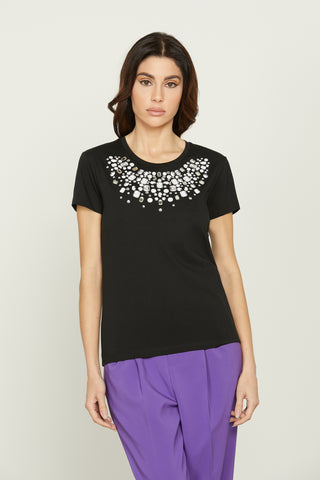 CORAL half-sleeved t-shirt with print and crystal stones