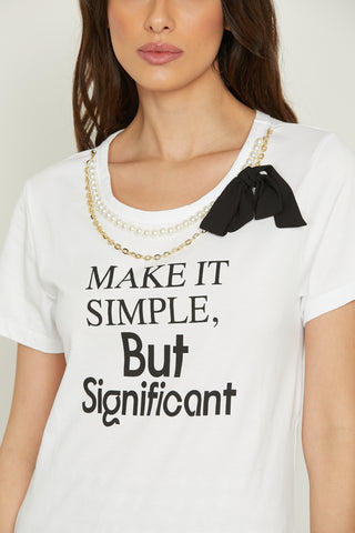 FRECCIATINA half-sleeved t-shirt with print plus pearl necklace and ribbon