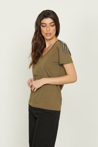 SILVESTRO half-sleeved v-neck t-shirt with patches, chains and beads