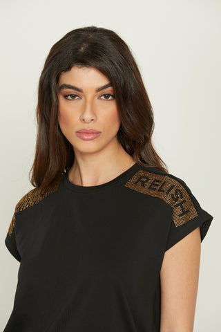 ARDANTE half-sleeve T-shirt with rhinestones and georgette inserts