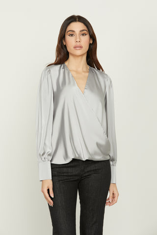 ASELLUN blouse long sleeve asymmetric crossover neckline satin