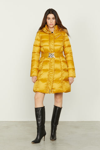 PARBAT long-sleeved down jacket with hood with faux fur and belt