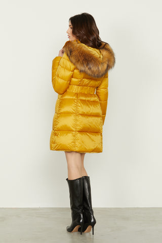 PARBAT long-sleeved down jacket with hood with faux fur and belt
