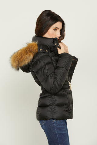KUNLUN long-sleeved down jacket with hood plus faux fur and belt
