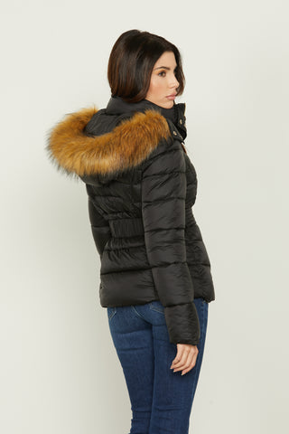 KUNLUN long-sleeved down jacket with hood plus faux fur and belt