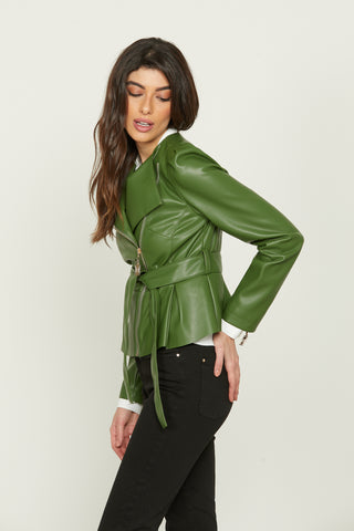 CORAGGIO jacket with long puff sleeves with transversal zip plus pleats and eco-leather belt