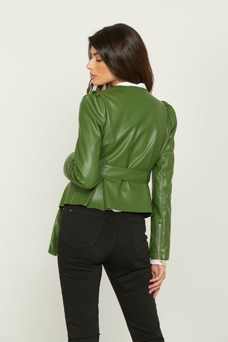 CORAGGIO jacket with long puff sleeves with transversal zip plus pleats and eco-leather belt