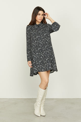 SHITSU short long-sleeved balloon dress with curls and pleated floral patterned shirt dress