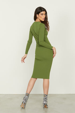 COURTNEY midi long-sleeved v-neck dress with contrasting ribbed flaps and button