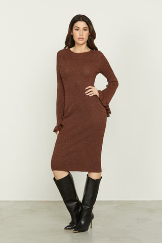 ANDROMACA long-sleeved midi dress with ruffles plus shoulder detail with lurex buttons
