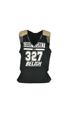 ZORIGHEZ v-neck tank top with studs plus beaded patches with rhinestones with print plus curls