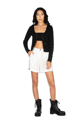 Short, long-sleeved JACK cardigan with gold rings and fabric inserts 