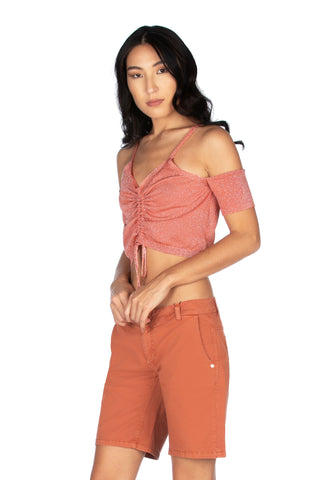 Maglia crop-top mezza manica con aperture spalle più coulisse lurex, Relish Fashion Moda, Primavera Estate 2020, abbigliamento donna