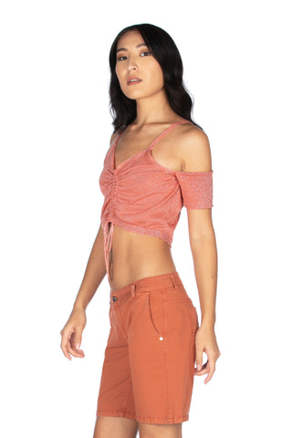 Maglia crop-top mezza manica con aperture spalle più coulisse lurex, Relish Fashion Moda, Primavera Estate 2020, abbigliamento donna