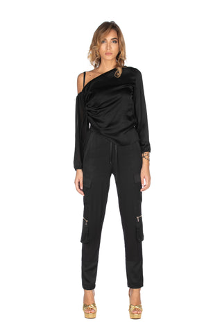 BUSHIRE one-shoulder long-sleeved georgette blouse with side drawstring 