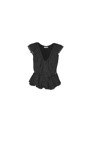 AURORITA sleeveless deep V-neck blouse with ruffles