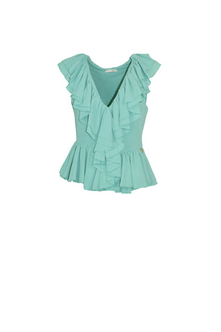 AURORITA sleeveless deep V-neck blouse with ruffles