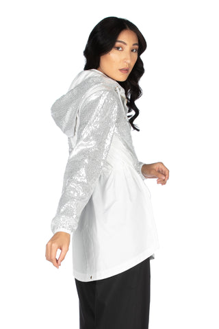 Giubbino lungo manica lunga con cappuccio più coulisse più paillettes, Relish Fashion Moda, Primavera Estate 2020, abbigliamento donna