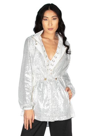 Giubbino lungo manica lunga con cappuccio più coulisse più paillettes, Relish Fashion Moda, Primavera Estate 2020, abbigliamento donna