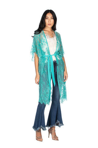Kimono lungo mezza manica pizzo con cintura georgette, Relish Fashion Moda, Primavera Estate 2020, Abbigliamento donna