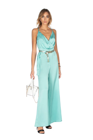 NEVERMAI sleeveless jumpsuit with crossover neckline and palazzo belt
