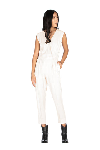 LONDON sleeveless jumpsuit with deep crossover neckline, elastic waist and pleat at the bottom 