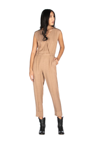 LONDON sleeveless jumpsuit with deep crossover neckline, elastic waist and pleat at the bottom 