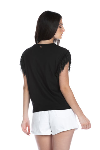 BEGO half sleeve t-shirt with heart print fringes and rhinestone application