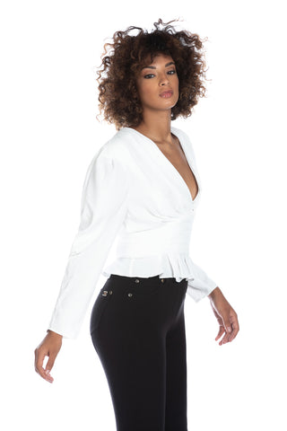 SHISPARE blouse with long balloon sleeves and pleated neckline plus pleated band