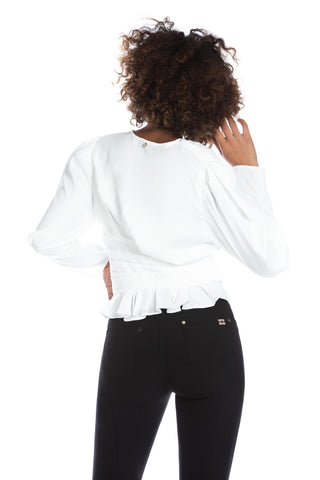 SHISPARE blouse with long balloon sleeves and pleated neckline plus pleated band