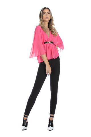 MASHER blouse with 3/4 batwing sleeves, double v-neck and gathered waist