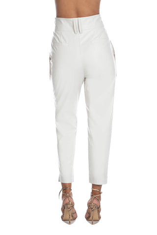 LUCANIA mid-rise faux leather trousers with French pockets and fringes