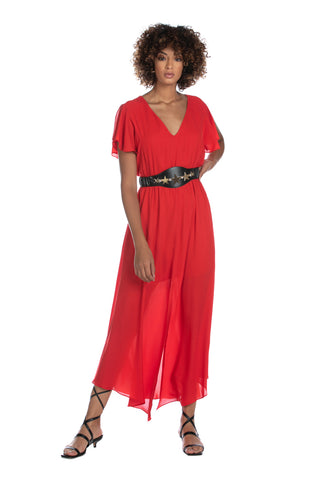 KOREANA_BIS long half-sleeved dress with ruffle and smock stitch with slit