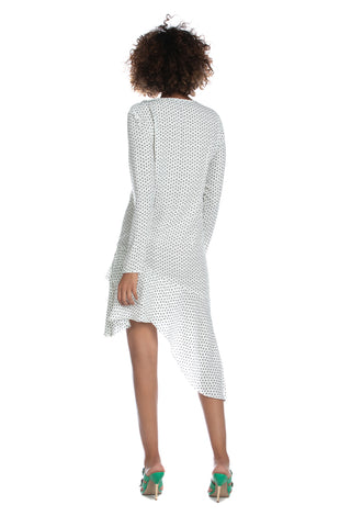 LAUTA short, long-sleeved dress with pleats and ruffles, asymmetrical hem with polka dot pattern