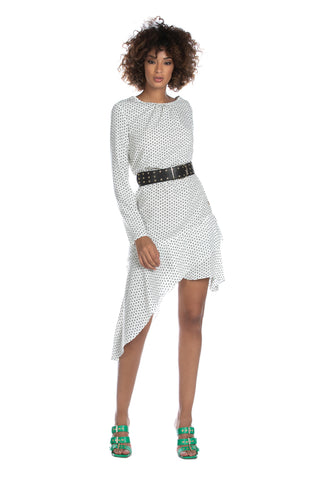 LAUTA short, long-sleeved dress with pleats and ruffles, asymmetrical hem with polka dot pattern