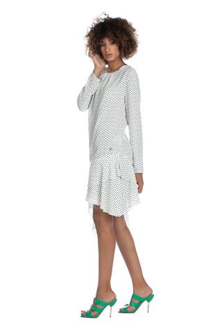 LAUTA short, long-sleeved dress with pleats and ruffles, asymmetrical hem with polka dot pattern