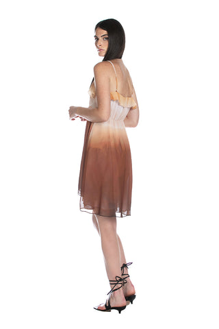 SENSATY short sleeveless dress with ruffles and gathered waist in a shaded pattern