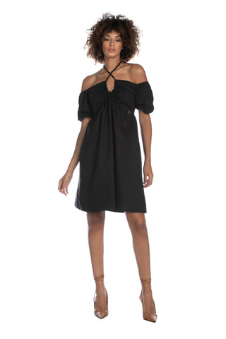 CHUREN short half-sleeve balloon dress with boat neckline and gathered drawstring