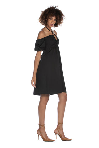 CHUREN short half-sleeve balloon dress with boat neckline and gathered drawstring