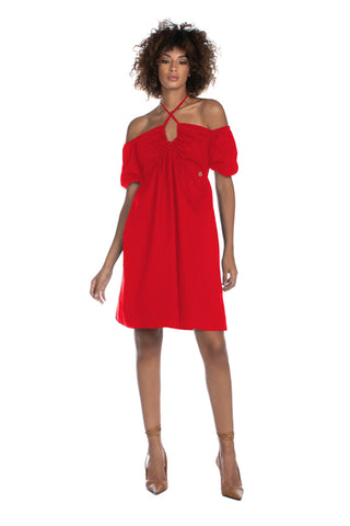 CHUREN short half-sleeve balloon dress with boat neckline and gathered drawstring